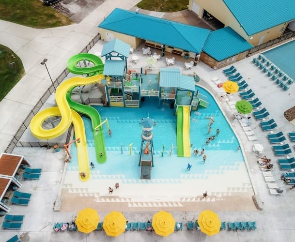 Arial view of the water play structure by Interactive Play at the Camp Margaritaville in Henderson Louisiana.