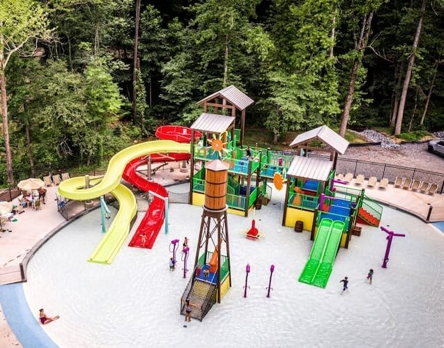 Arial view of the aquatic play unit by Interactive Play at the Jellystone RV Park, Golden Valley North Carolina.