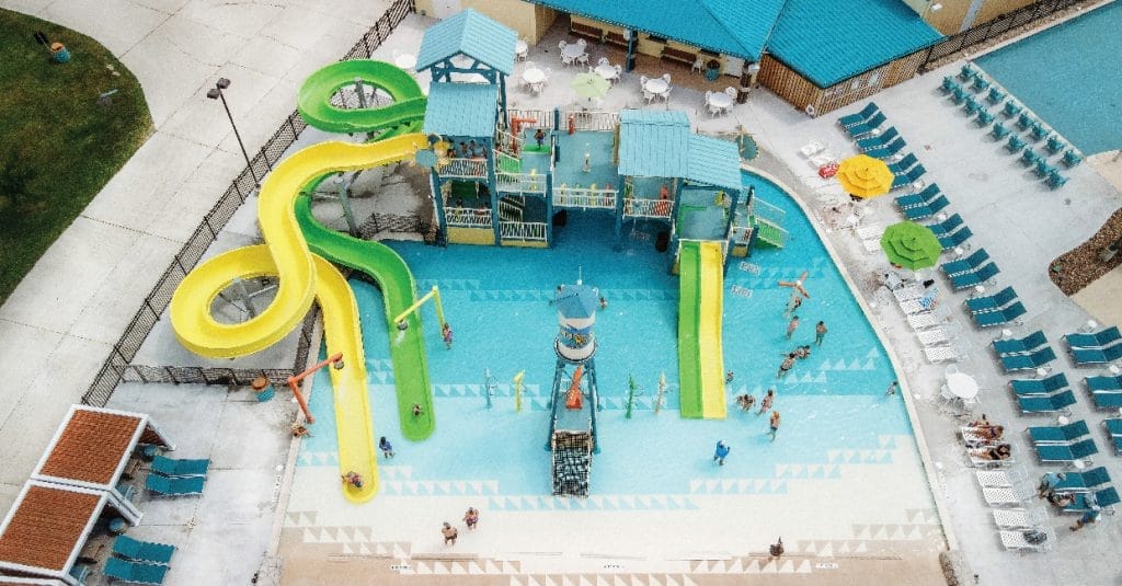 A large arial view of the waterpark at Camp Margaritaville in Henderson Louisiana.