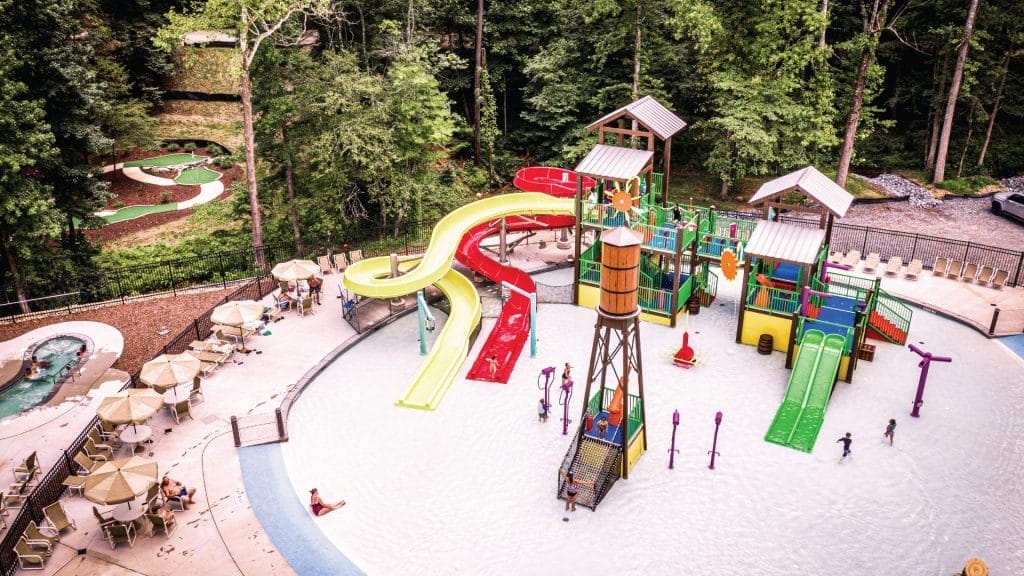 Arial view of the aquatic play unit installed at the Jellystone Camp Resort in Golden Valley, North Carolina.