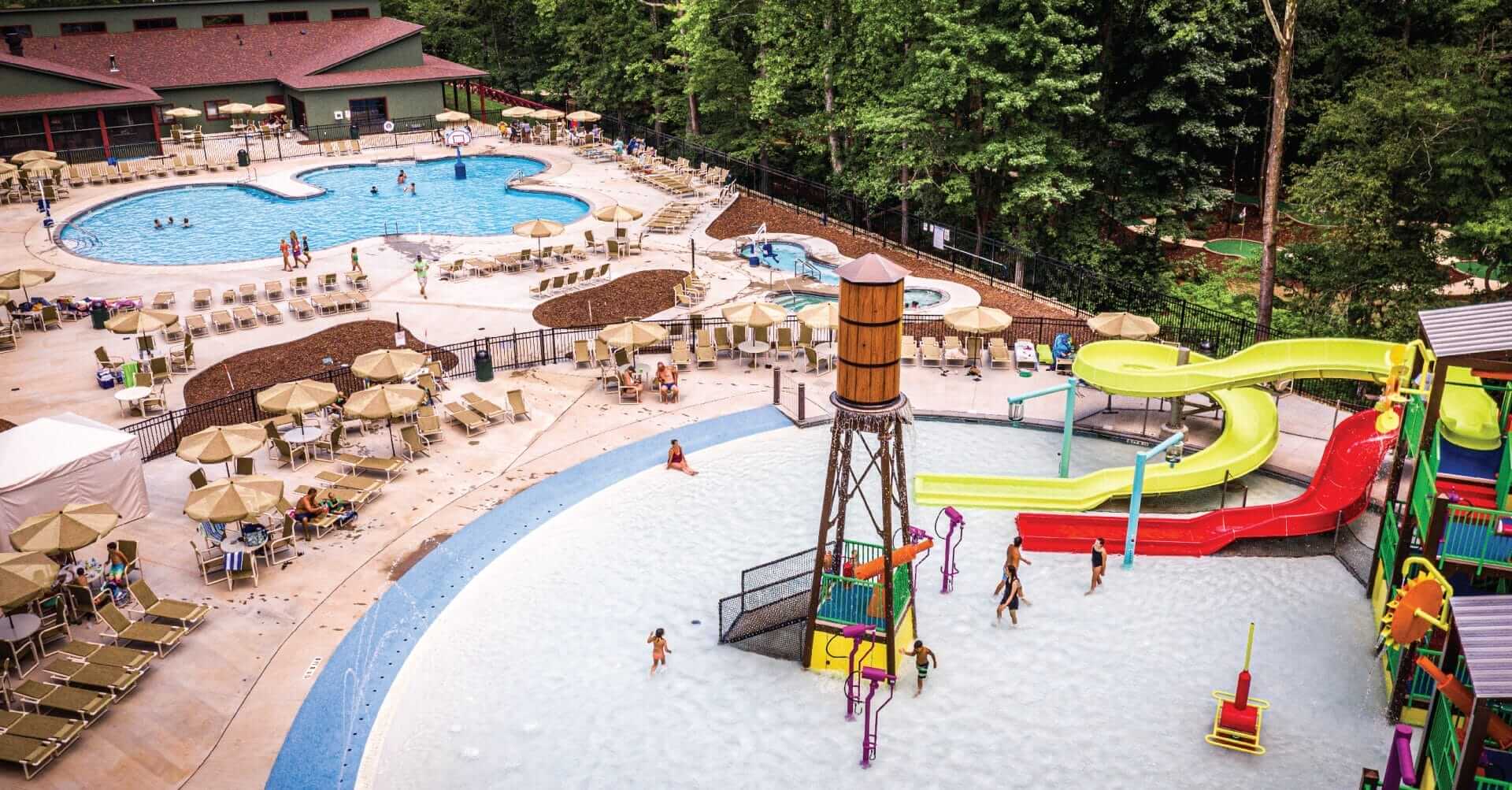 Arial shot of the completed water park by Interactive Play at the Jellystone RV resort in Bostic, North Carolina.