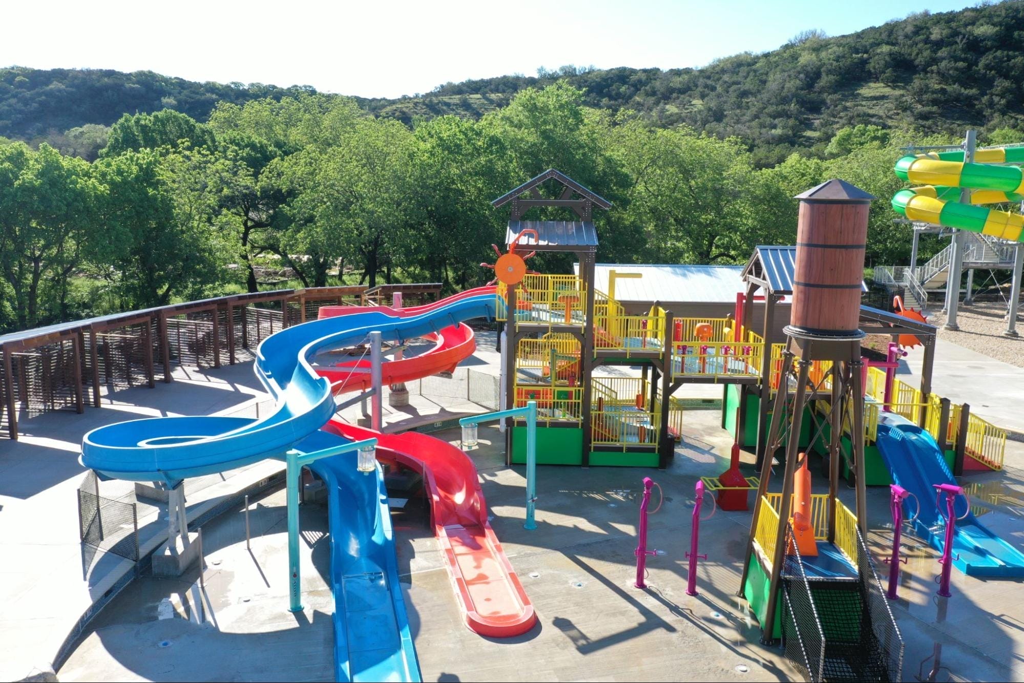 A photo of the water park installation by Interactive Play in New Braunfels, Texas, prior to the park opening.