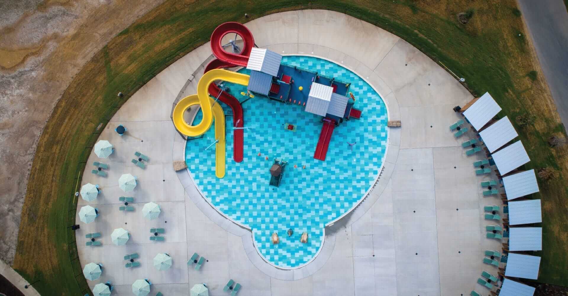 Arial overhead view of the aquatic play unit by Interactive Play installed at the Camp Fimfo in Waco, Texas.
