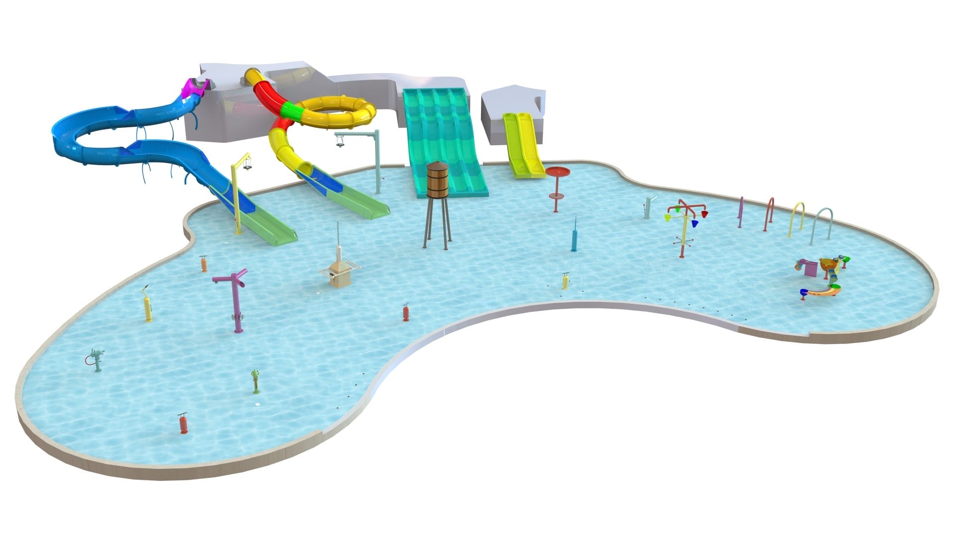 3D rendering of a splash pad concept design by Interactive Play, shows an option with several fun slides added.