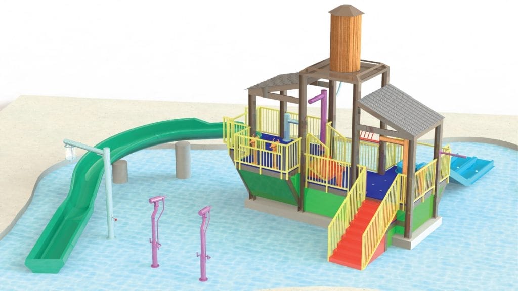 Design rendering of the Waterfall Series Model 100 water play park structure from Interactive Play