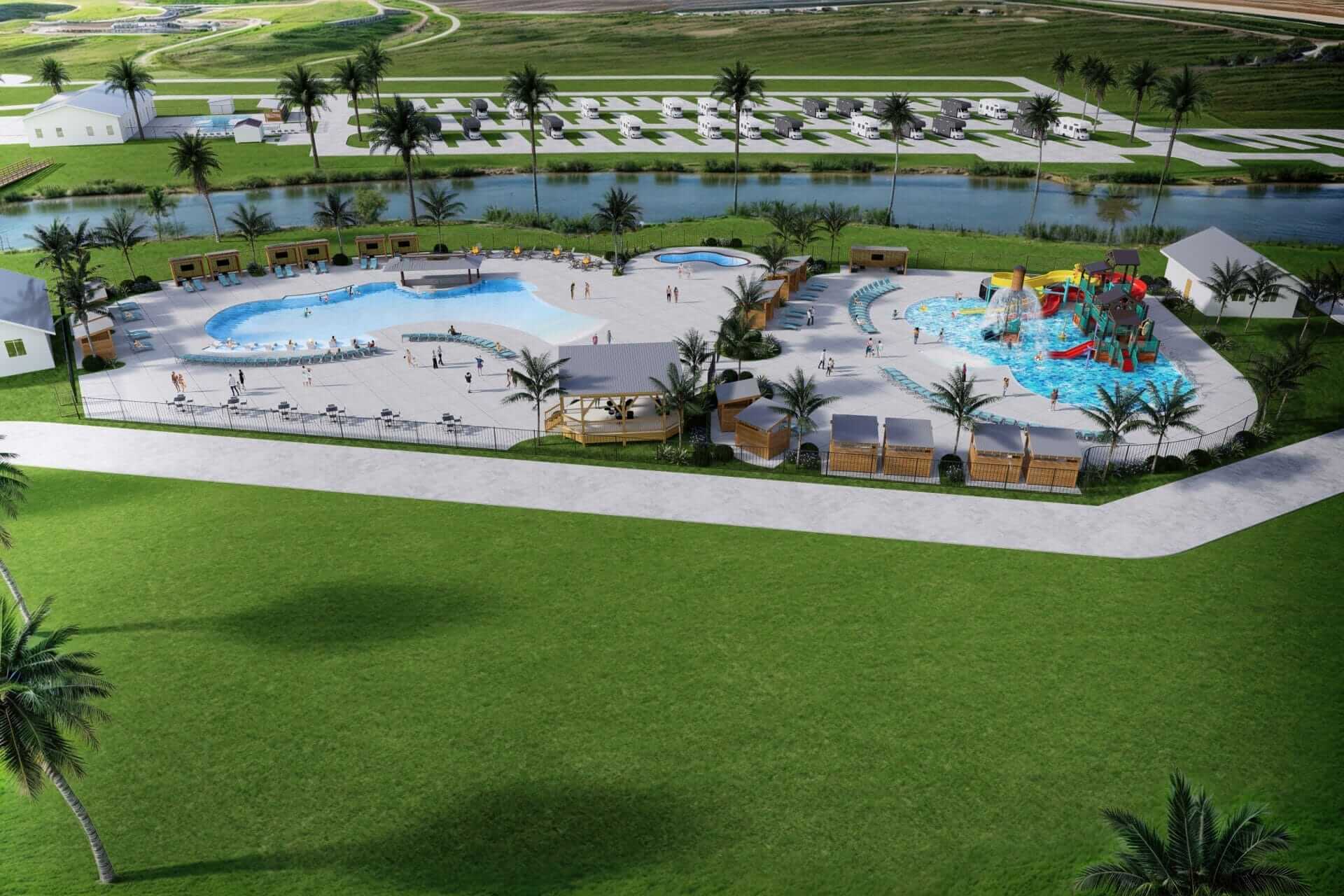 An arial view of a concept drawing for a waterpark and swim up bar combination, these beautiful 3D concepts are provided to clients as we go through the project design phase.