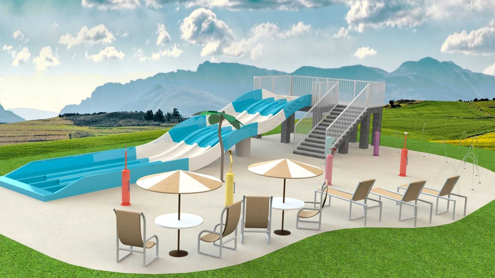 3D rendering of a splash pad concept design by Interactive Play, shows the section where water slides can be added.