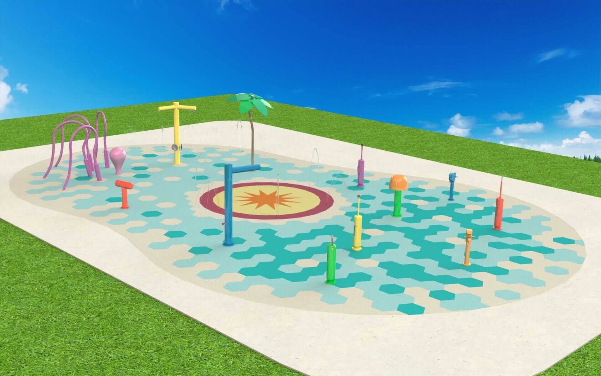 3D rendering of a splash pad concept design by Interactive Play.