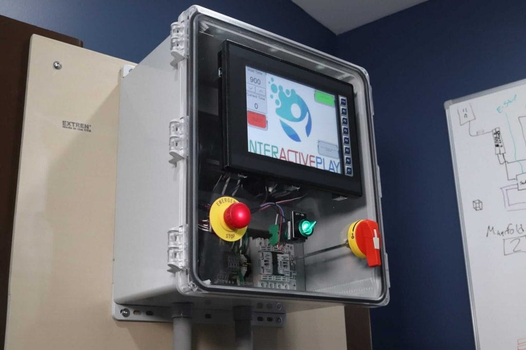 A shot of the touch-screen HMI that controls the operations of your waterpark by Interactive Play, an easy to use system that can be accessed remotely from anywhere. The touch screen box is installed in your pump room.