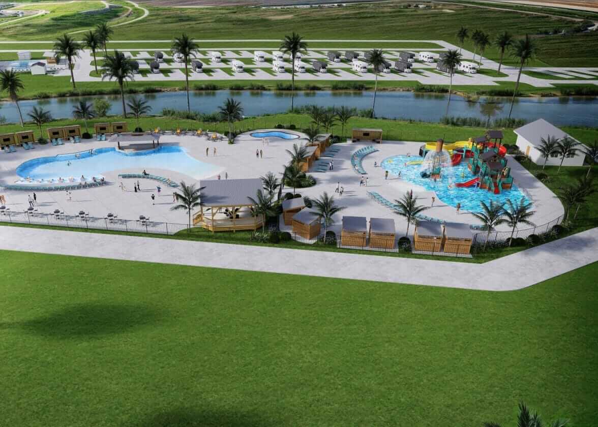 An arial view of a concept drawing for a waterpark and swim up bar combination, these beautiful 3D concepts are provided to clients as we go through the project design phase.