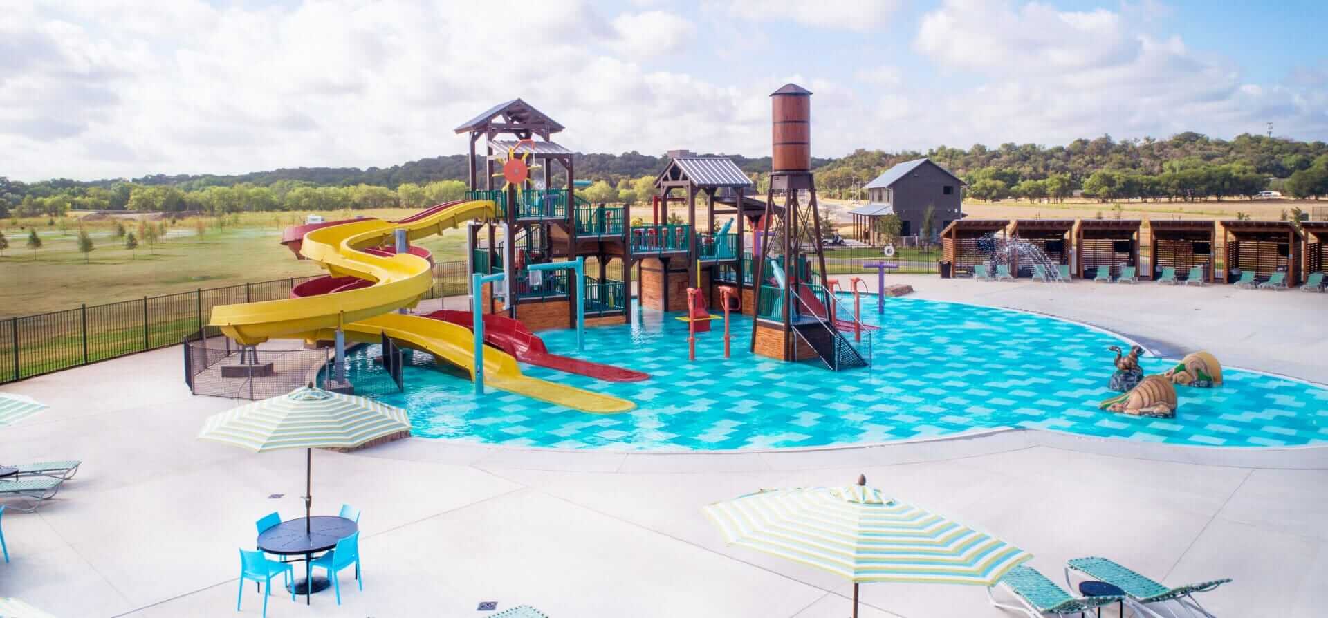 A wide shot of the entire water play structure by Interactive Play at the Camp Fimfo RV Park in Waco, Texas.